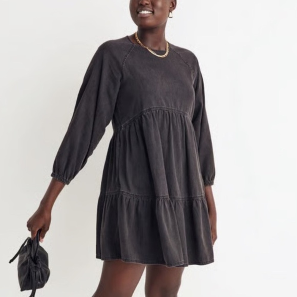 Madewell Washed Charcoal Tiered Mini Dress - Long Sleeve